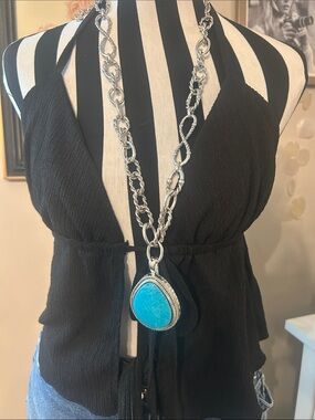 Silver Chain Necklace with Turquoise Pendant - Women Jewelry
